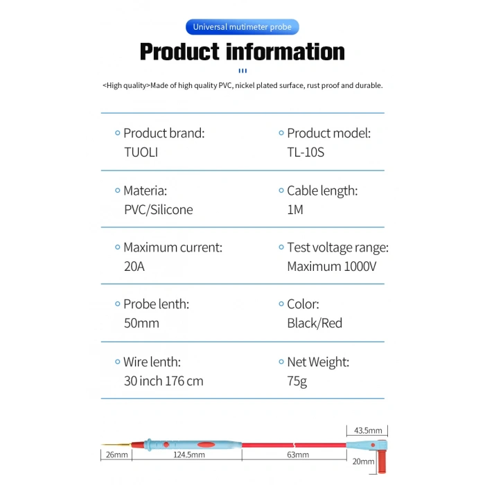 TUOLI TL-10S süper ince Test dijital multimetre kalem değiştirilebilir prob ölçüm kablo