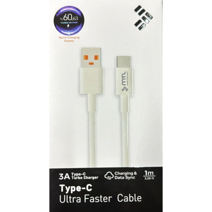 USB-Type-C TURBO Hızlı Fast şarj Kablosu 1 metre 3 Amper Telefon Tablet için