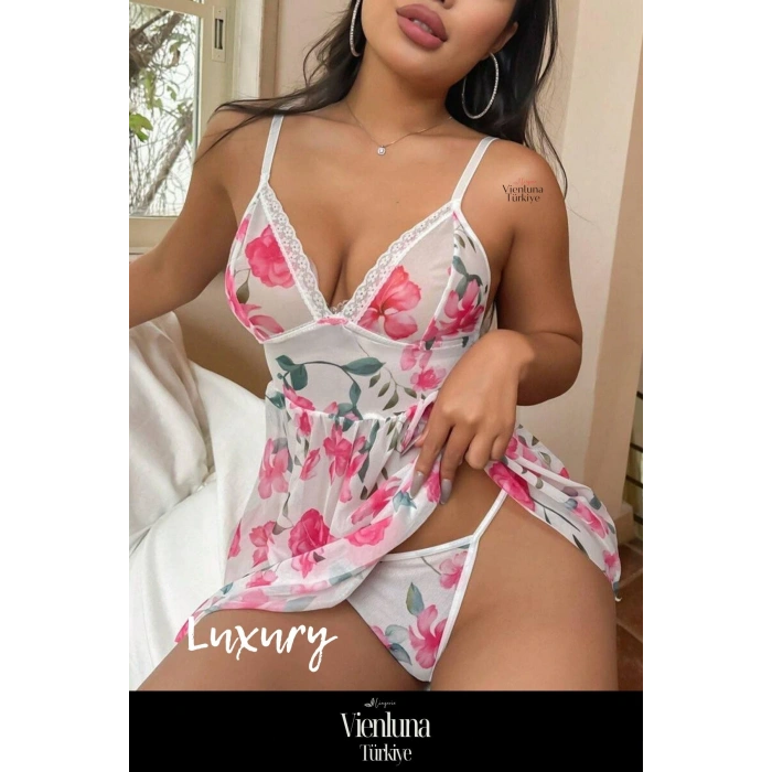 Premium Seri Günlük Erotik Fantezi Çekici Lüks Kalite Rahat Çiçek Desenli Dantel Detaylı Şık Gecelik