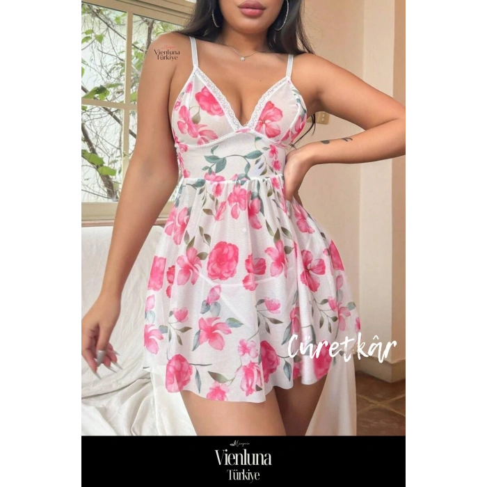 Premium Seri Günlük Erotik Fantezi Çekici Lüks Kalite Rahat Çiçek Desenli Dantel Detaylı Şık Gecelik