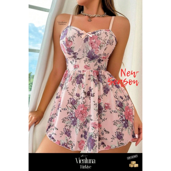 Delux Serisi Şık Zarif Stil Rahat Moda Romantik Kombin Modern Çiçek Desenli Askılı Etekli Gecelik