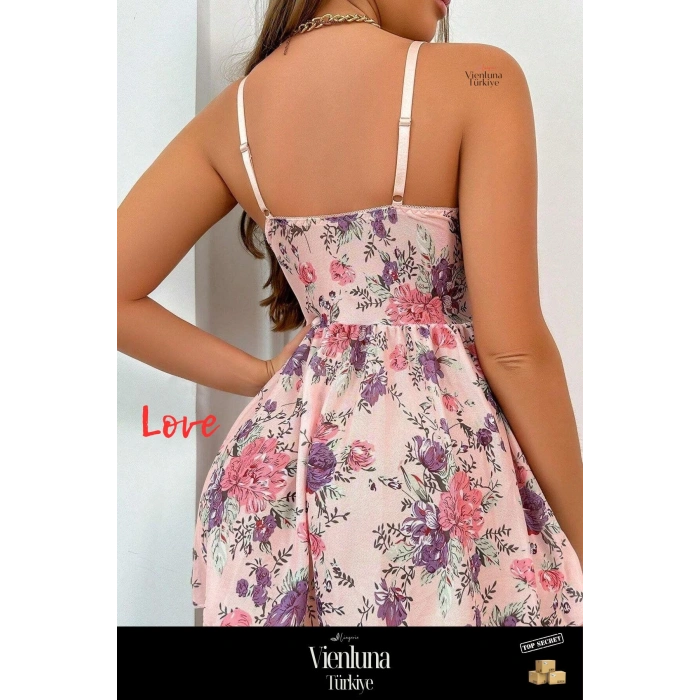 Delux Serisi Şık Zarif Stil Rahat Moda Romantik Kombin Modern Çiçek Desenli Askılı Etekli Gecelik