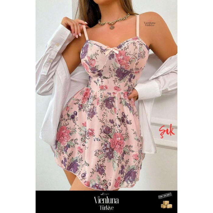 Delux Serisi Şık Zarif Stil Rahat Moda Romantik Kombin Modern Çiçek Desenli Askılı Etekli Gecelik