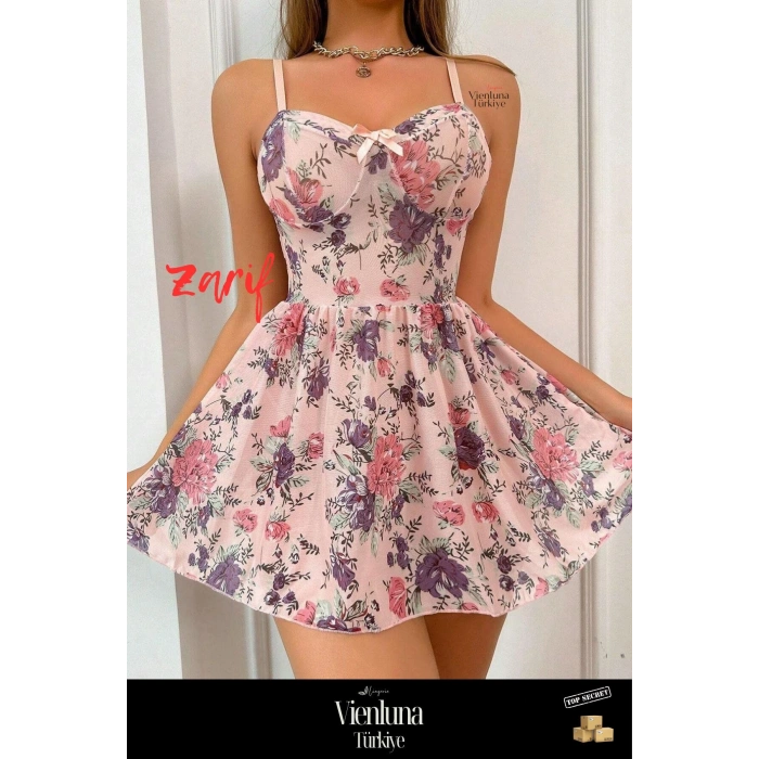 Delux Serisi Şık Zarif Stil Rahat Moda Romantik Kombin Modern Çiçek Desenli Askılı Etekli Gecelik