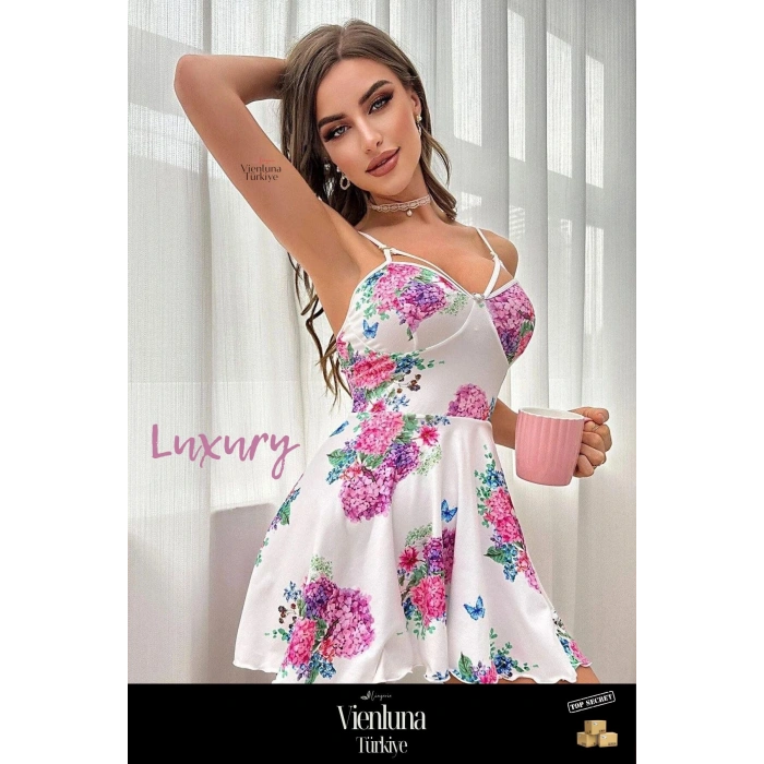 Özel Seri İddialı Kombin Seksi Fantezi Giyim Terletmeyen Stil Pırıltı Çiçekli Askılı Mini Gecelik