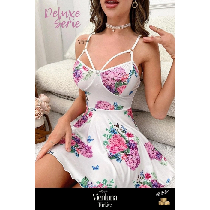 Özel Seri İddialı Kombin Seksi Fantezi Giyim Terletmeyen Stil Pırıltı Çiçekli Askılı Mini Gecelik