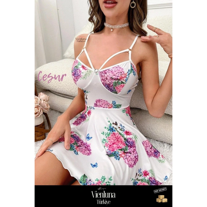 Özel Seri İddialı Kombin Seksi Fantezi Giyim Terletmeyen Stil Pırıltı Çiçekli Askılı Mini Gecelik