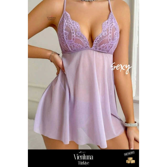 Yeni Sezon Rahat Şık Seksi Fantezi Çekici Stil Tarz Transparan Tül Dantel Detaylı Askılı Gecelik