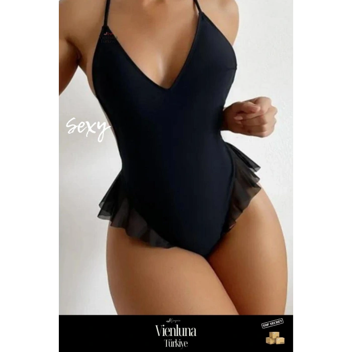 Premium Seri Kadın Lüks Fantezi Şık Çekici Modern Esnek Zarif Rahat Günlük Siyah Fırfırlı Bodysuit