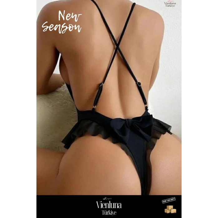 Premium Seri Kadın Lüks Fantezi Şık Çekici Modern Esnek Zarif Rahat Günlük Siyah Fırfırlı Bodysuit