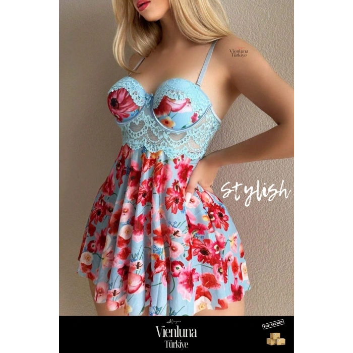 Premium Seri  Fantezi Şık Seksi  Erotik Kadınsı Çekici  Rüya Gecesi Çiçekli Askılı Mini Gecelik