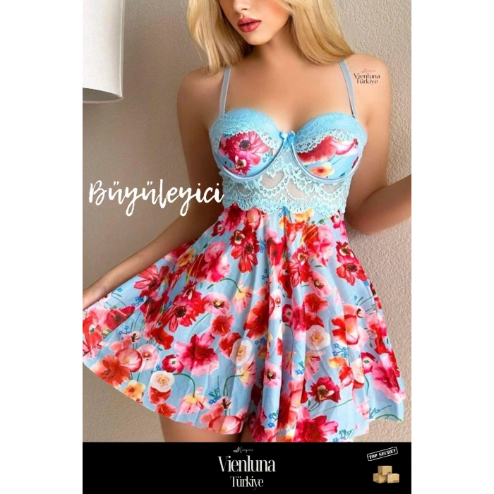 Premium Seri  Fantezi Şık Seksi  Erotik Kadınsı Çekici  Rüya Gecesi Çiçekli Askılı Mini Gecelik