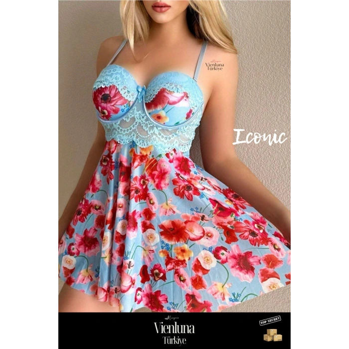 Premium Seri  Fantezi Şık Seksi  Erotik Kadınsı Çekici  Rüya Gecesi Çiçekli Askılı Mini Gecelik