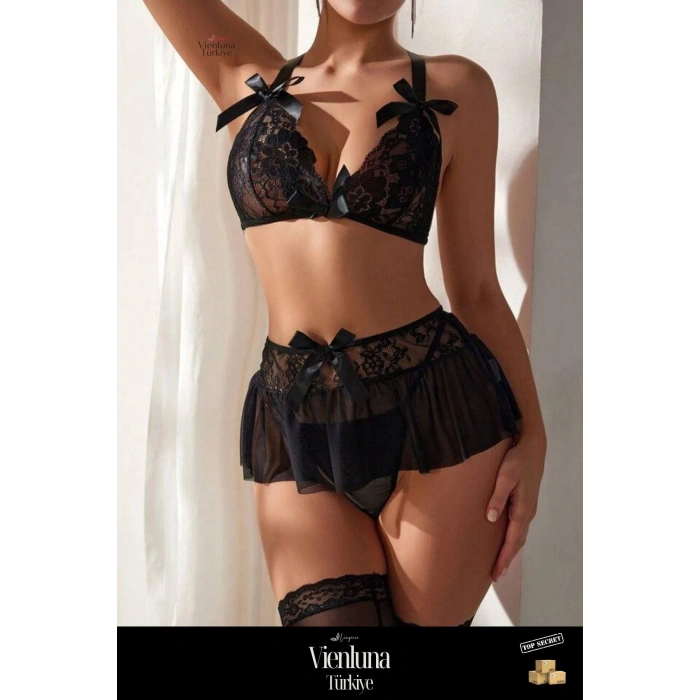 Premium Seri  Fantezi Şık Seksi Dantel Günlük Modern İç Giyim Erotik Kıyafet Yüksek Bel Etekli Takım