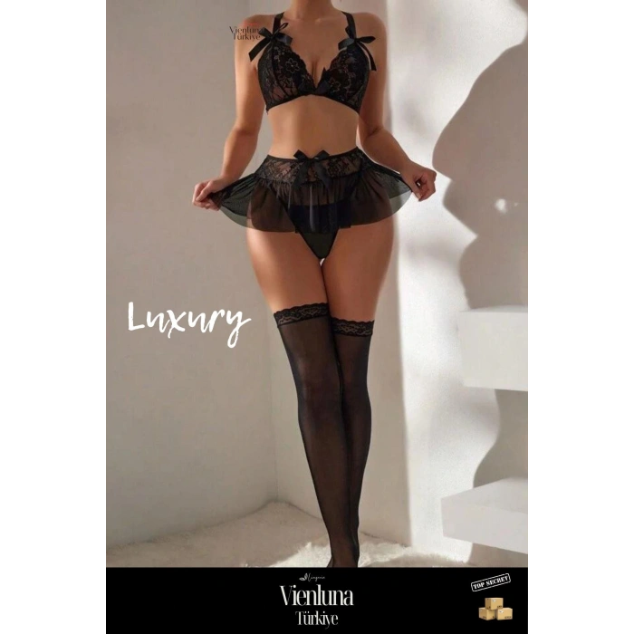 Premium Seri Kadın Modern Fantezi Seksi Tül Dantelli Transparan Şık Lüks Yüksek Bel Etekli Takım