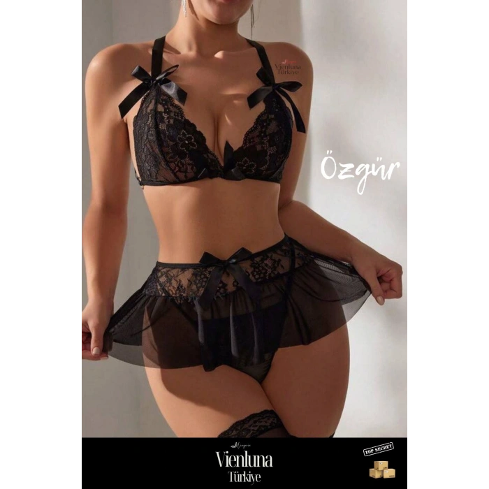 Premium Seri Kadın Modern Fantezi Seksi Tül Dantelli Transparan Şık Lüks Yüksek Bel Etekli Takım