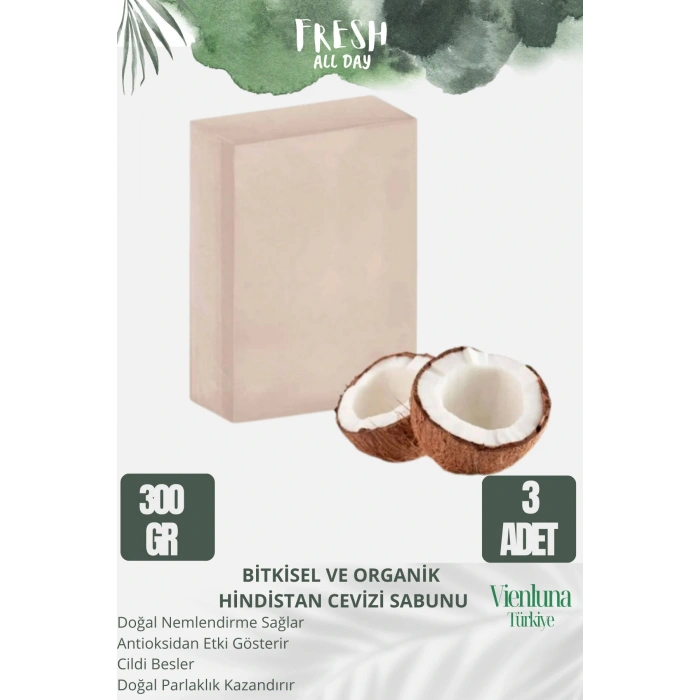 Özel Üretim %100 Doğal El Yapımı Ferah Kokulu Cilt Bakım Dostu Hindistan Cevizi Sabunu 3 Adet