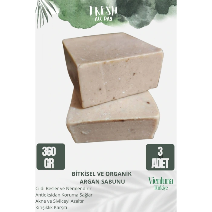 Özel Üretim El Yapımı %100 Doğal Ferah Kokulu El Yüz Saç Vücut Cilt Dostu Bakım Argan Sabunu 3 Adet