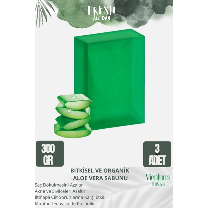 Özel Üretim El Yapımı %100 Vücut Saç Lüks Doğal Ferah Kokulu Cilt Dostu Aloe Vera Sabunu 3 Adet