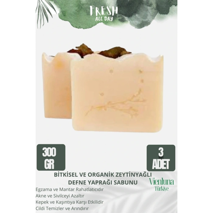 Özel Üretim El Yapımı %100 Doğal Ferah Kokulu Cilt Dostu Zeytinyağlı Defne Yapraklı Sabun 3 Adet