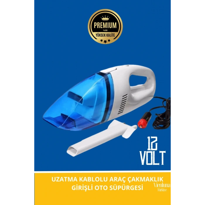 Premium Seri Dayanıklı 12v Uzatma Kablolu Yüksek Çekimli Araç Çakmaklık Girişli Oto Süpürgesi