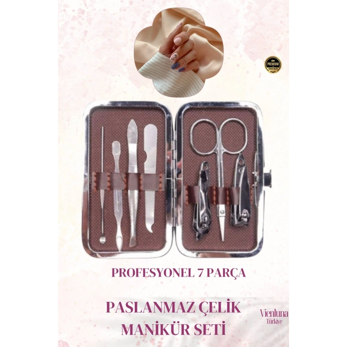 Premium Kalite Paslanmaz Çelik Uzun Ömürlü Uzun Ömürlü Deri Görünümlü 7 Parça Manikür Pedikür Seti