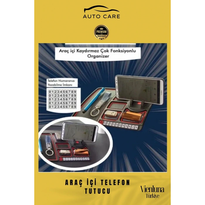 Premium Üretim Kaydırmaz Çizdirmez Numaratörlü  Araç İçi Telefon Tutucu Organizer