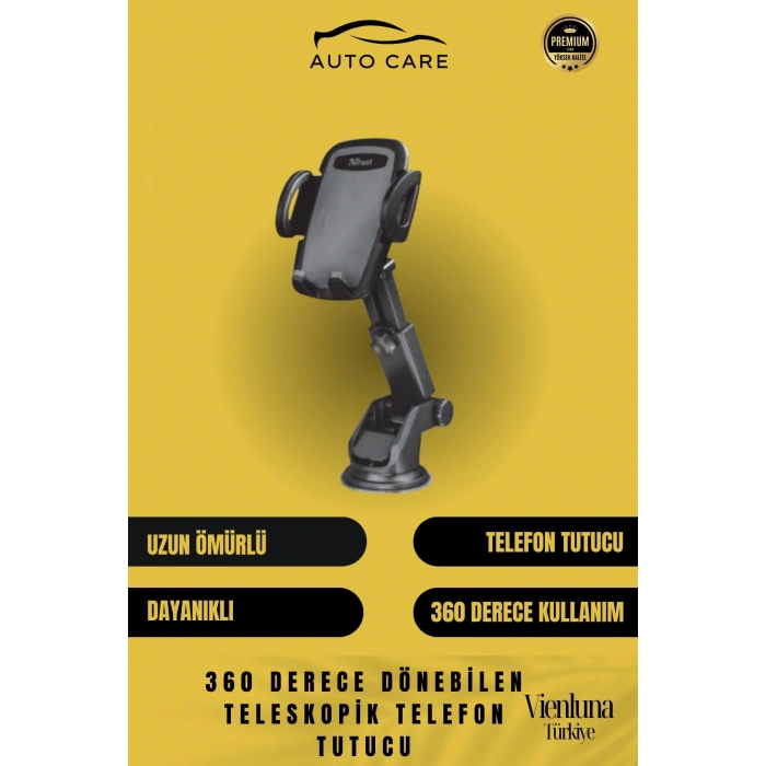 Premium Dayanıklı Vantuzlu Sağlam Çok Fonksiyonlu 360 Derece Dönebilen Teleskopik Telefon Tutucu