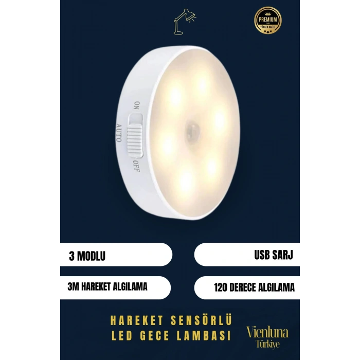 Premium Üretim 3 Mod Beyaz Işık Hareket Sensörlü 8 Ledli Usb Pratik Şarjlı Gece Lambası
