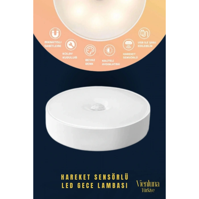 Premium Üretim 3 Mod Beyaz Işık Hareket Sensörlü 8 Ledli Usb Pratik Şarjlı Gece Lambası
