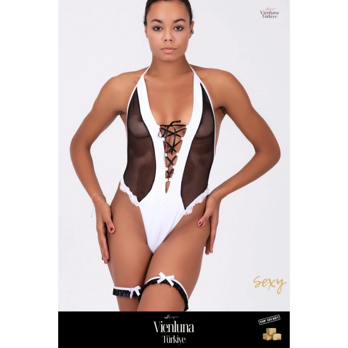 Premium Seri Kadın Modern Çekici Seksi Özel File Dantel Önü Kurdelalı Şık Fantezi Babydoll Body