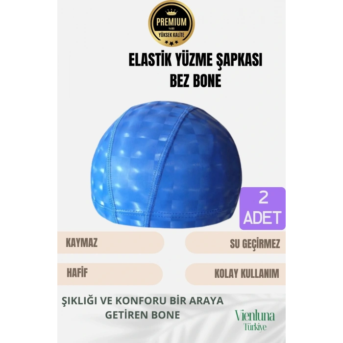 Premium Seri Su Geçirmez Bez Bone Havuz ve Deniz İçin İdeal Elastik Yüzme Şapkası Çift Paket