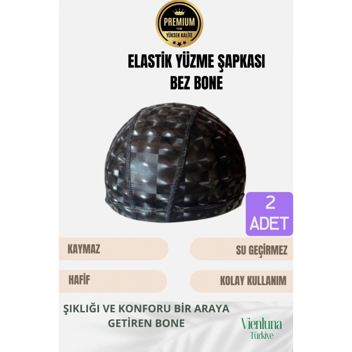 Premium Seri Su Geçirmez Bez Bone Havuz ve Deniz İçin İdeal Elastik Yüzme Şapkası Çift Paket