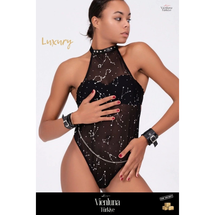 Premium Seri Kadın Modern Erotik Çekici Seksi Özel Baskılı Tül ve Deri Bileklik Şık Babydoll