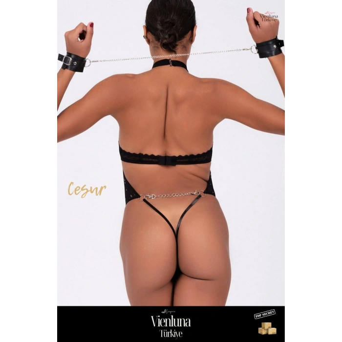 Premium Seri Kadın Modern Erotik Çekici Seksi Özel Baskılı Tül ve Deri Bileklik Şık Babydoll