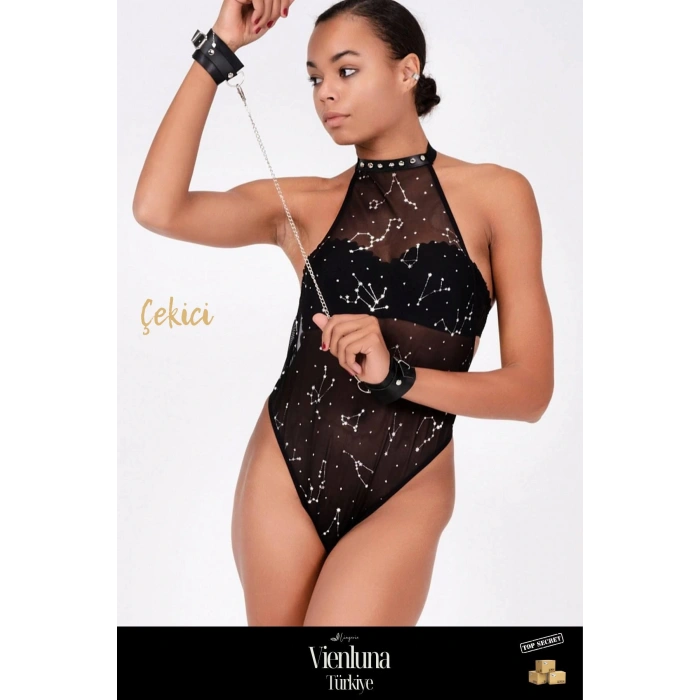 Premium Seri Kadın Modern Erotik Çekici Seksi Özel Baskılı Tül ve Deri Bileklik Şık Babydoll