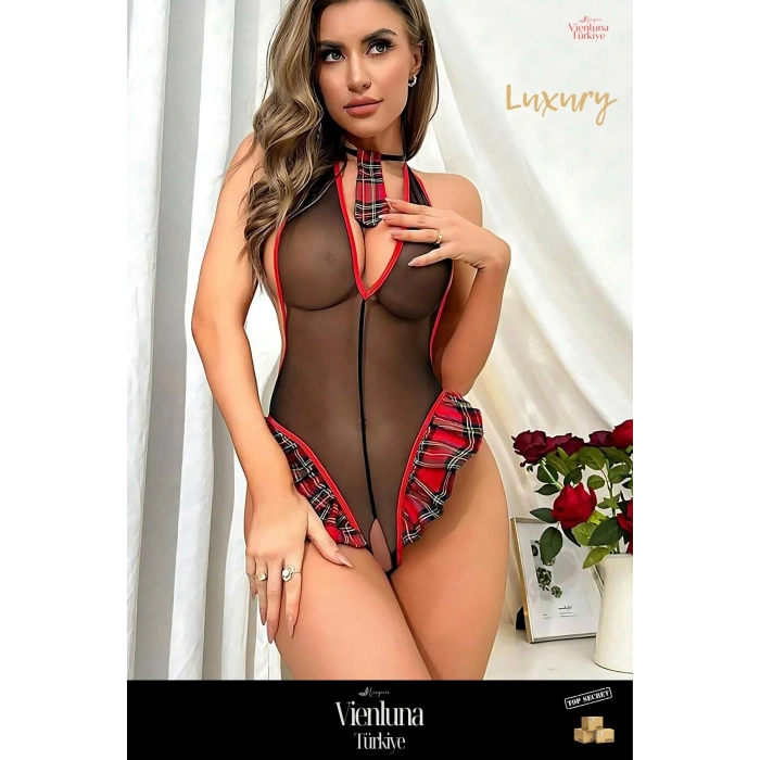 Yeni Sezon Şık Modern Çekici Seksi Erotik Lüks Transparan Kareli Ortası Tül Fantezi Babydoll Takım