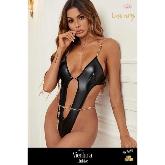 Özel Üretim Premium Ürün Çok Şık Seksi Erotik Deri Görünümlü Zincir İle Süslenmiş Fantezi Babydoll