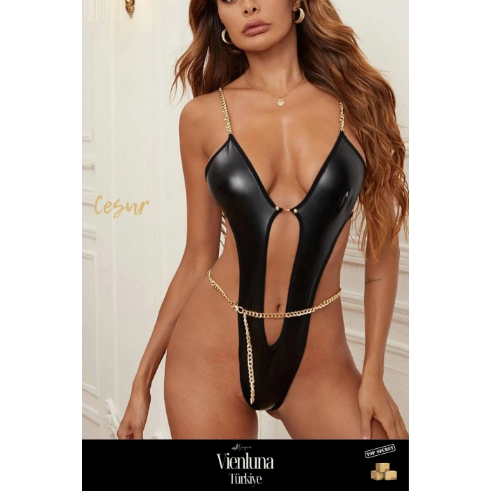 Özel Üretim Premium Ürün Çok Şık Seksi Erotik Deri Görünümlü Zincir İle Süslenmiş Fantezi Babydoll