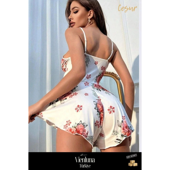 Premium Ürün Özel Kadın Lüks Mikro Üstüne Çiçek Baskılı Dantelli Babydoll Fantezi Gecelik Takım