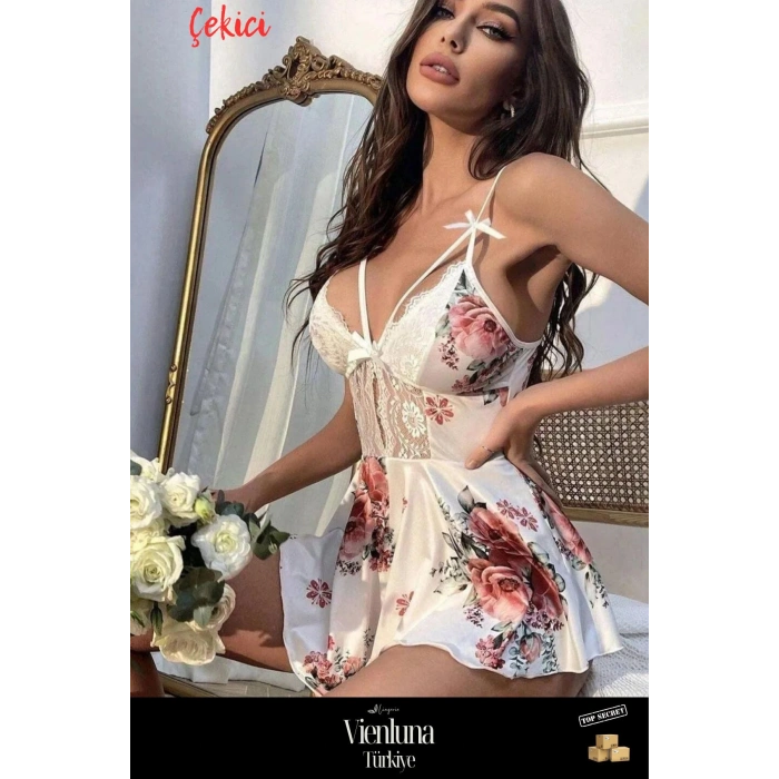 Premium Ürün Özel Kadın Lüks Mikro Üstüne Çiçek Baskılı Dantelli Babydoll Fantezi Gecelik Takım