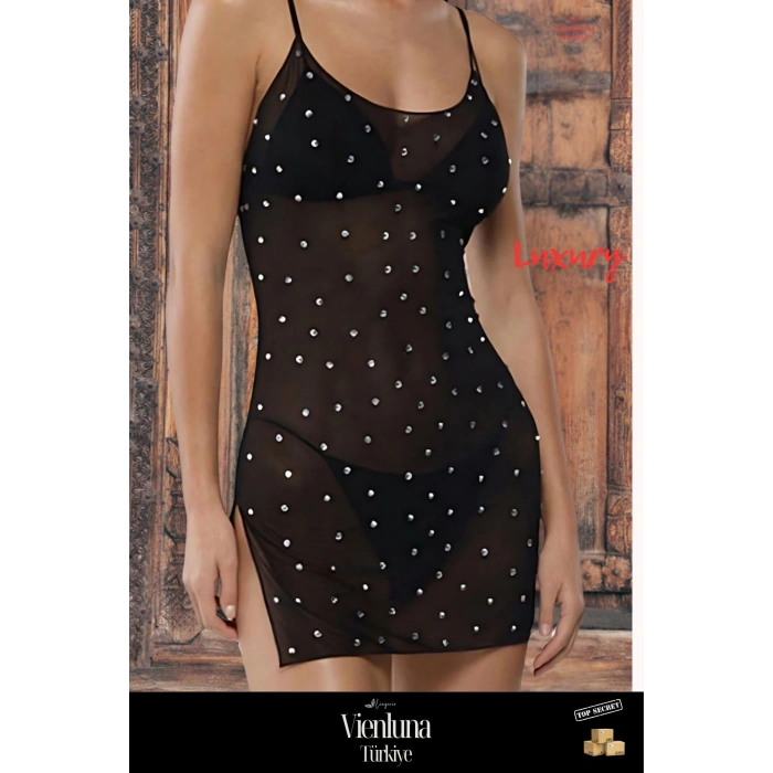 Premium Ürün Özel Kadın Lüks Erotik Seksi Çekici Transparan Tül Üstüne Taş İşlemeli Fantezi Gecelik