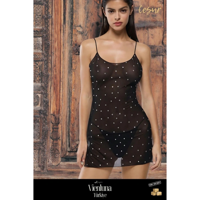 Premium Ürün Özel Kadın Lüks Erotik Seksi Çekici Transparan Tül Üstüne Taş İşlemeli Fantezi Gecelik