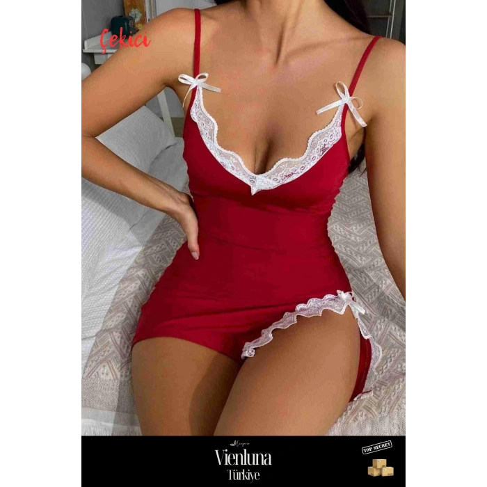 Premium Seri Özel Lüks Şık Seksi Erotik Çekici Zarif Kırmızı Dantel Detay Yırtmaçlı Fantezi Gecelik
