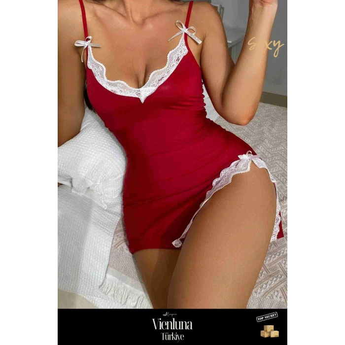 Premium Seri Özel Lüks Şık Seksi Erotik Çekici Zarif Kırmızı Dantel Detay Yırtmaçlı Fantezi Gecelik