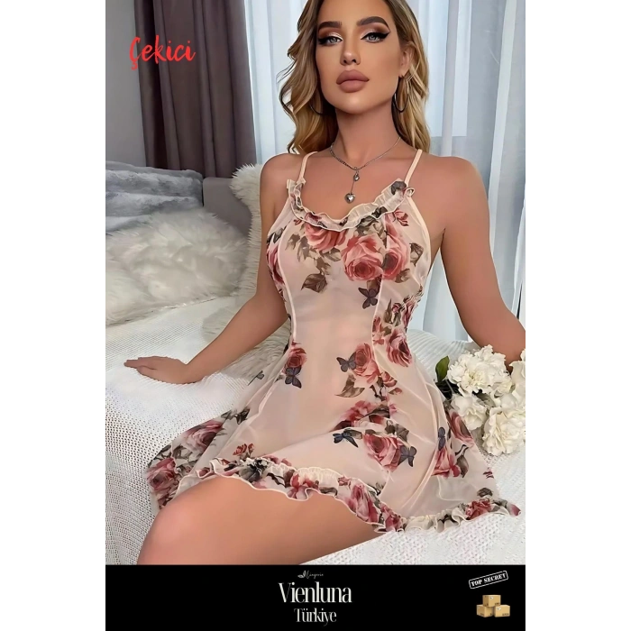 Premium Özel Seri Çok Şık Seksi Çekici Zarif Erotik Rahat Çiçek Desenli Fantezi Gecelik Takım