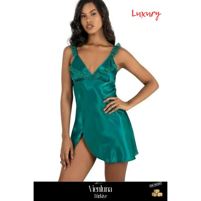 Özel Üretim Premium Ürün Şık Rahat Lüks Zarif Modern Seksi Fantezi Erotik Zümrüt Kısa Saten Gecelik