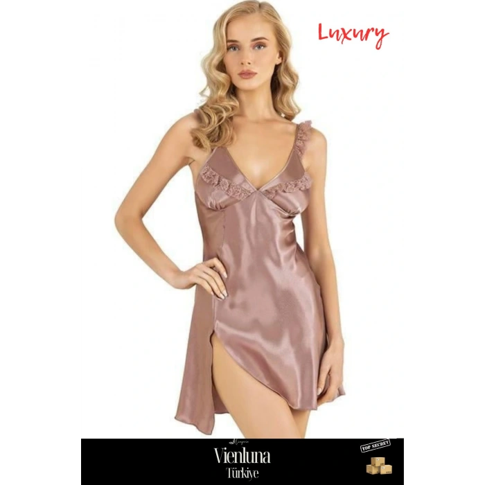 Özel Üretim Premium Ürün Şık Rahat Lüks Zarif Modern Seksi Fantezi Erotik Vizon Kısa Saten Gecelik