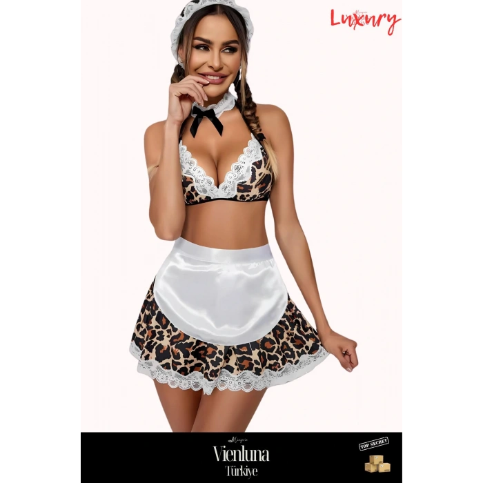 Özel Üretim Premium Şık Lüks Zarif Modern Fantezi Erotik Seksi Leopar Desen Önlüklü Hizmetçi Kostümü