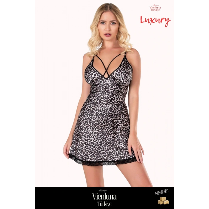 Premium Ürün Özel Seri Şık Lüks Zarif Modern Fantezi Erotik Seksi Rahat Leopar Kısa Saten Gecelik